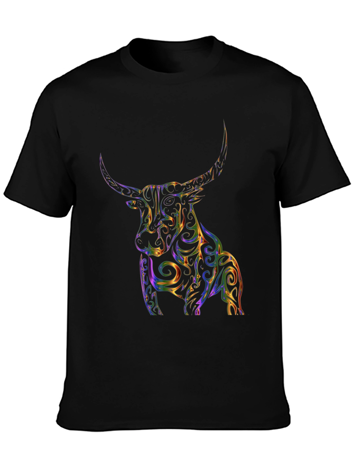 Stylized Bull Graphic Print Black T-Shirt