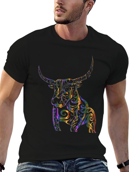 Stylized Bull Graphic Print Black T-Shirt
