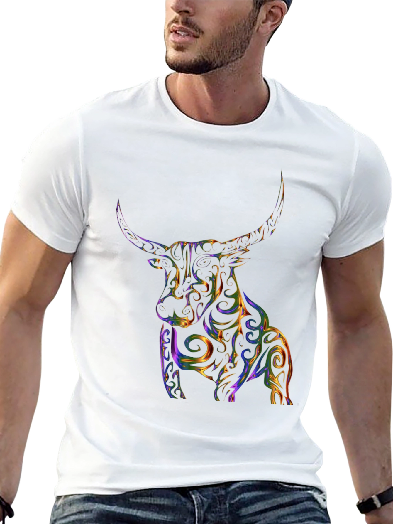 Stylized Bull Graphic Print Black T-Shirt