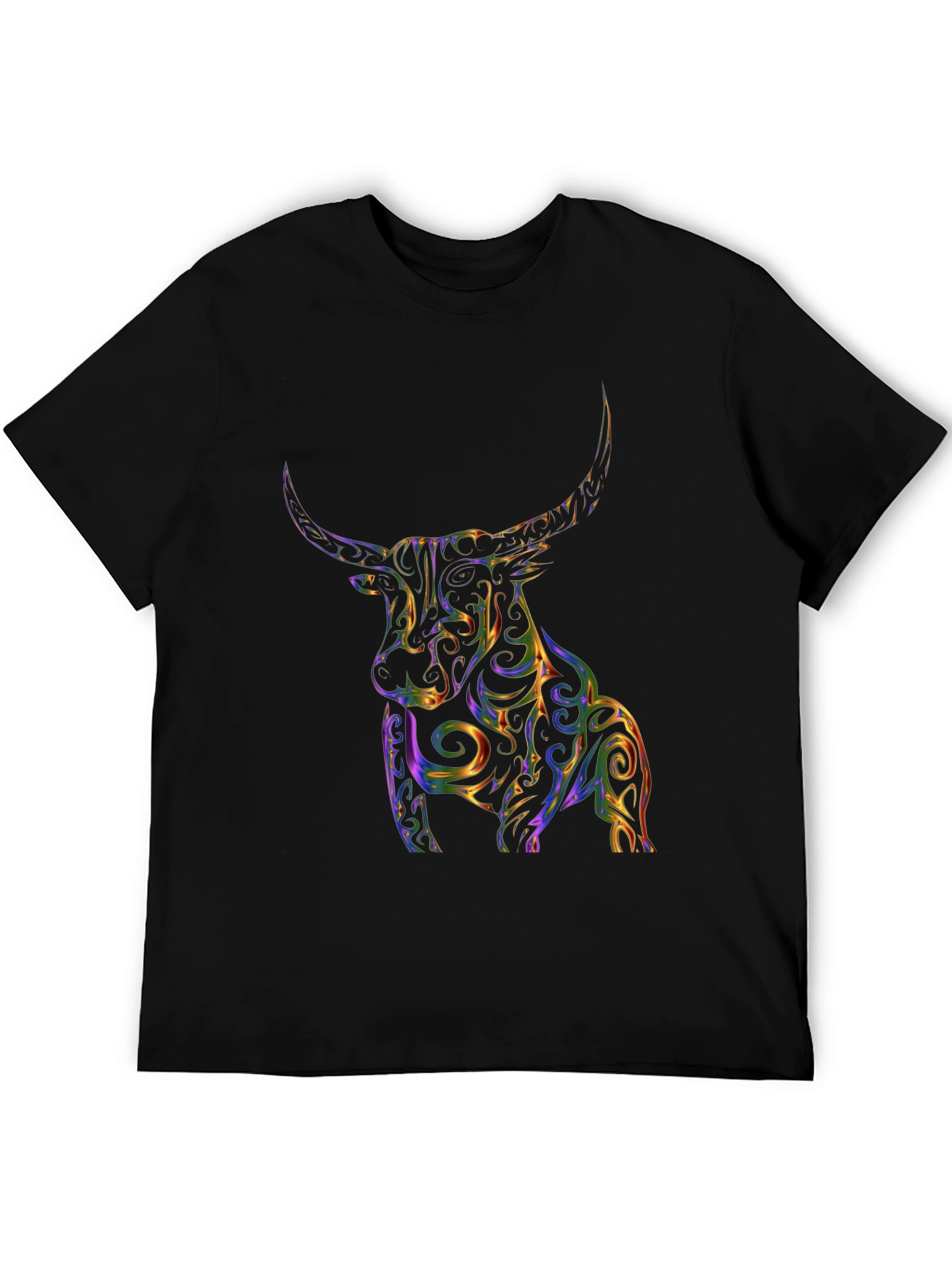 Stylized Bull Graphic Print Black T-Shirt