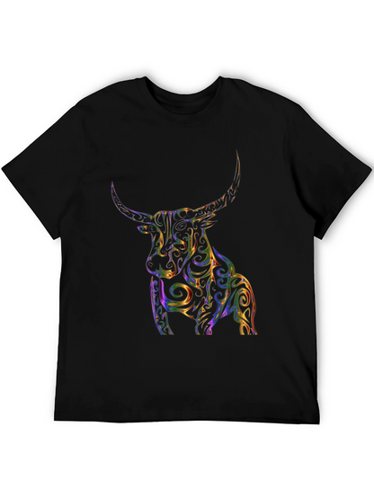 Stylized Bull Graphic Print Black T-Shirt