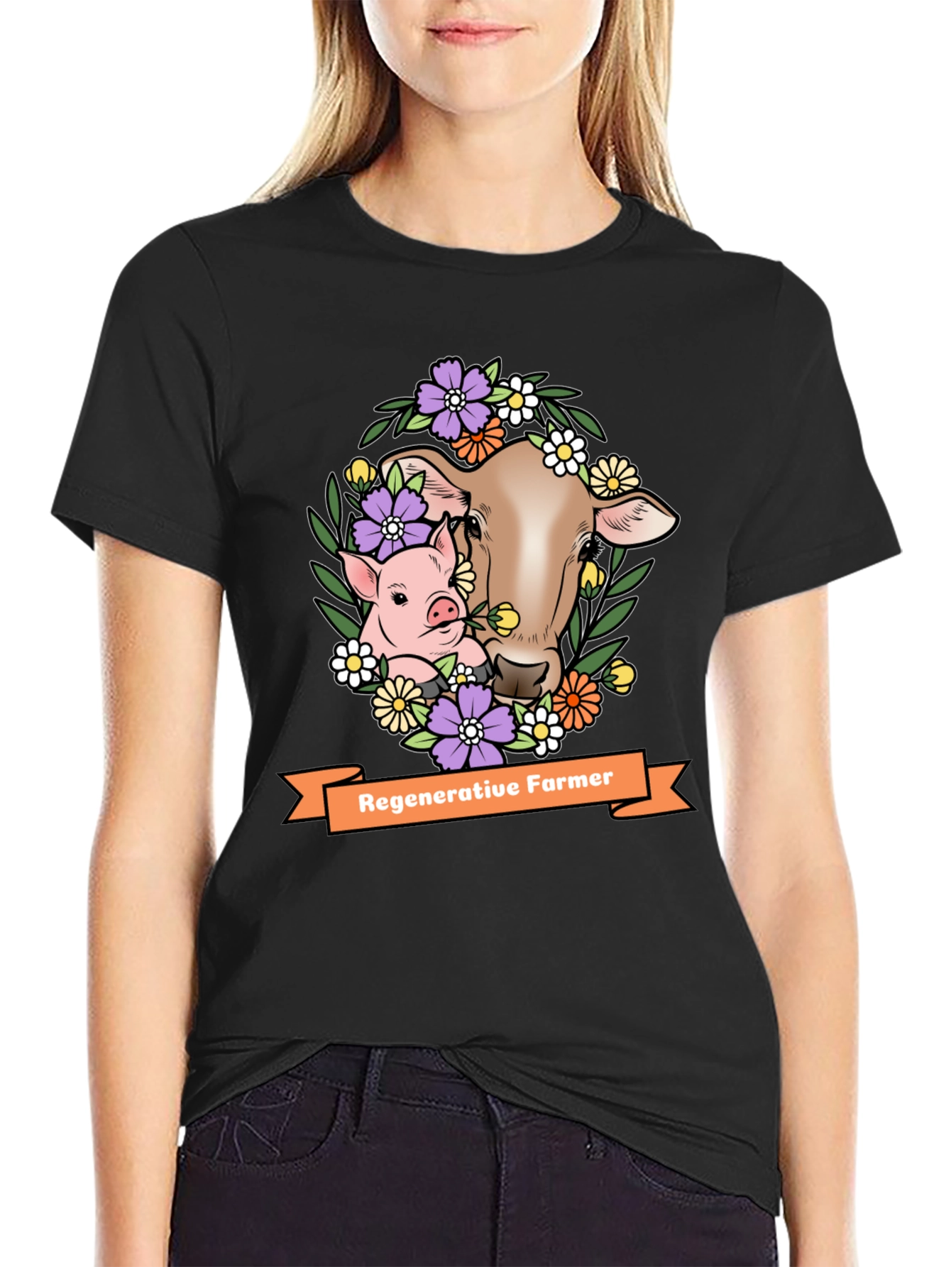 Regenerative Farmer T-Shirt: Cow & Pig Floral Design