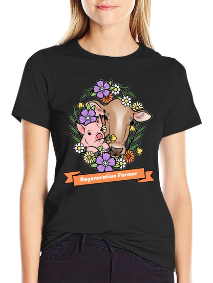 Regenerative Farmer T-Shirt: Cow & Pig Floral Design