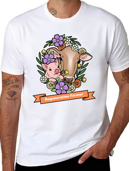 Regenerative Farmer T-Shirt: Cow & Pig Floral Design