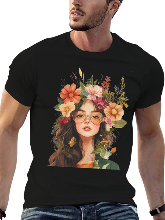 Floral Crown Girl Graphic Black T-Shirt