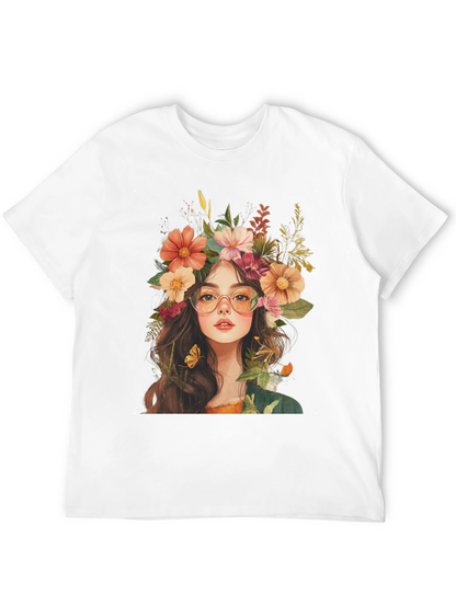 Floral Crown Girl Graphic Black T-Shirt