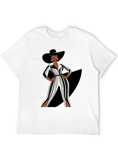 Stylish Woman in Black and White Striped Jumpsuit T-Shirt