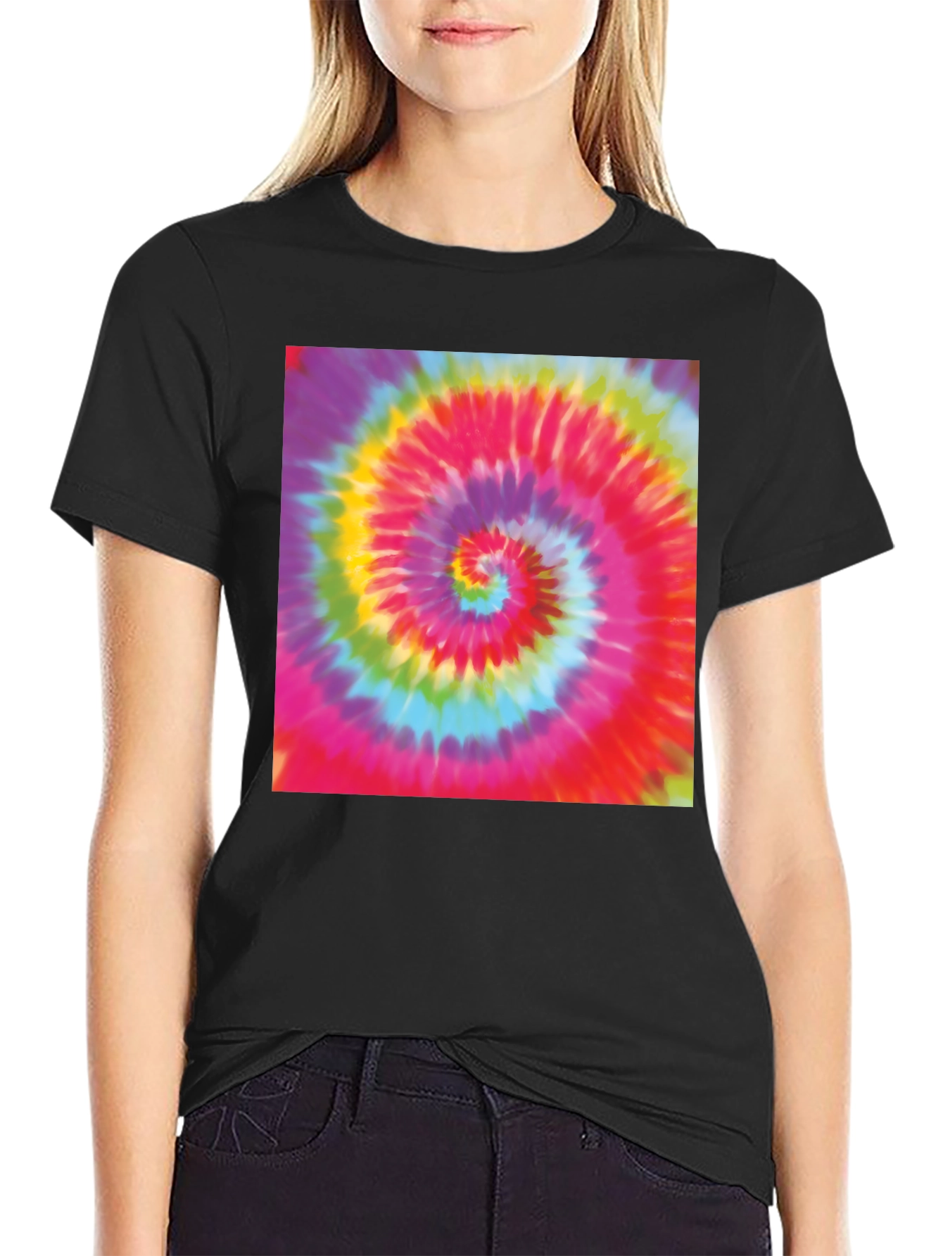 Tie-Dye Swirl Graphic Tee - Black Cotton Blend T-Shirt