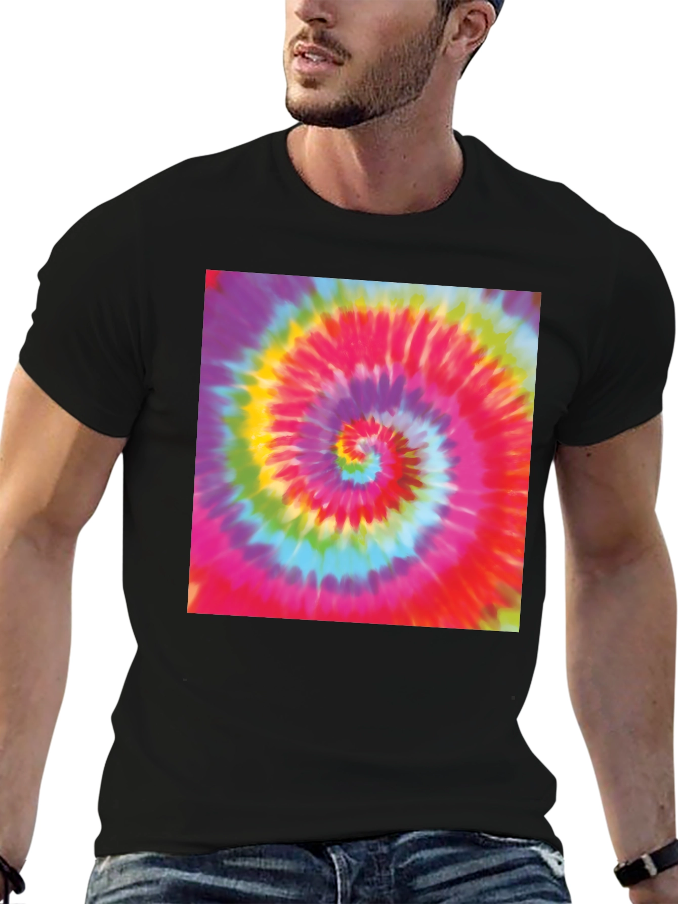 Tie-Dye Swirl Graphic Tee - Black Cotton Blend T-Shirt