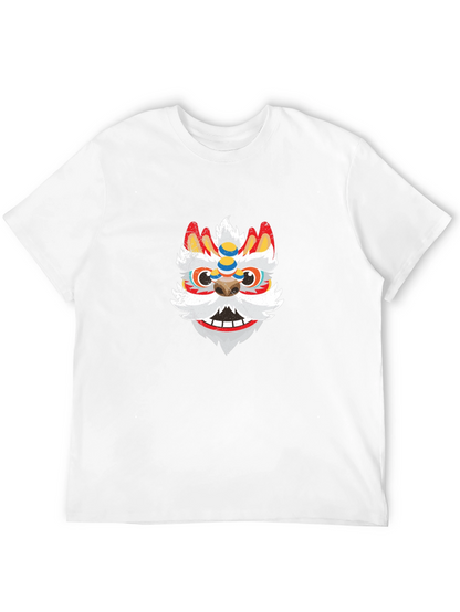 Black Tee with Chinese Lion Dance Mask Graphic