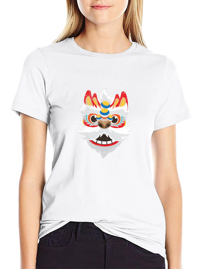 Black Tee with Chinese Lion Dance Mask Graphic