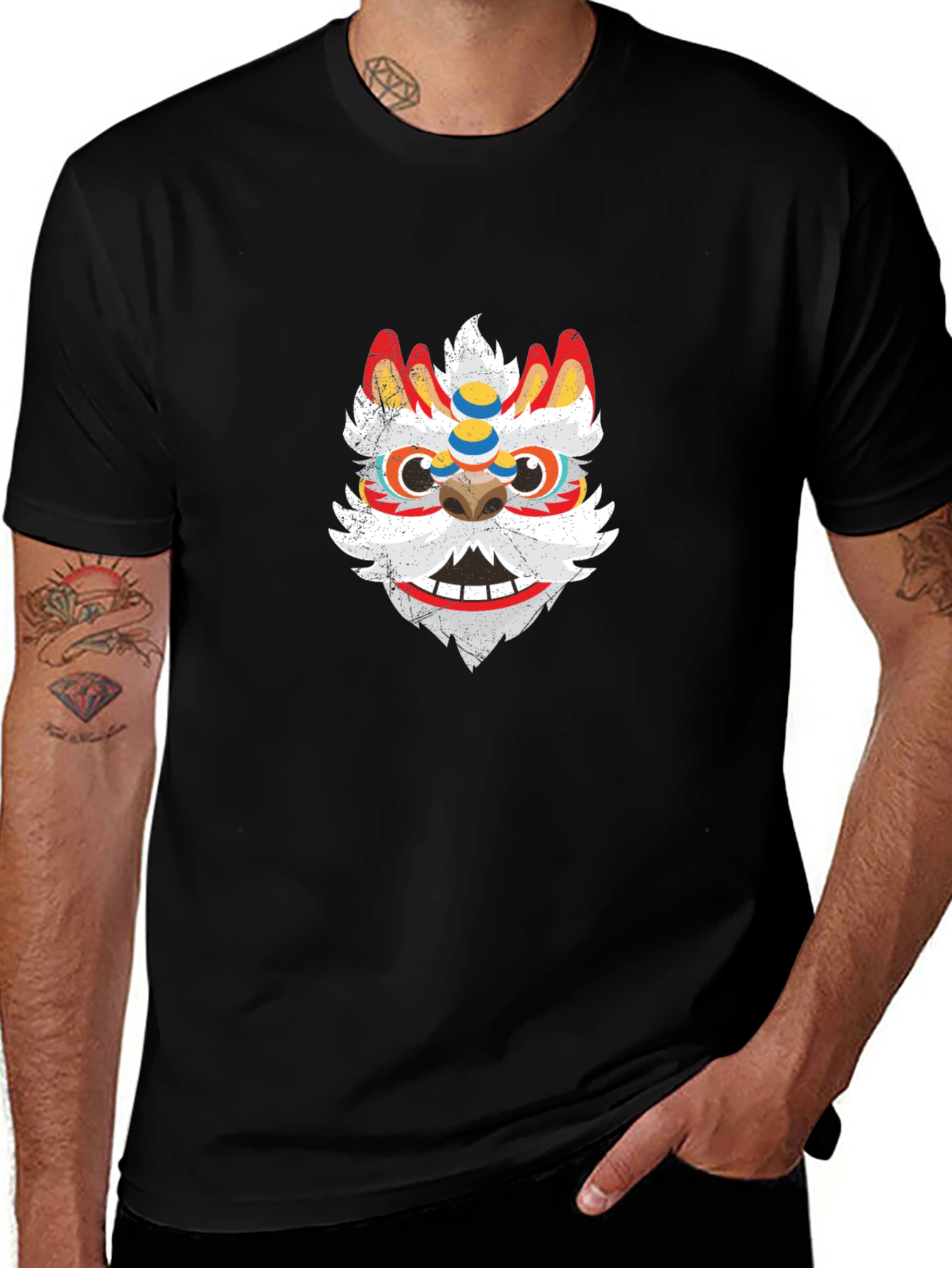 Black Tee with Chinese Lion Dance Mask Graphic