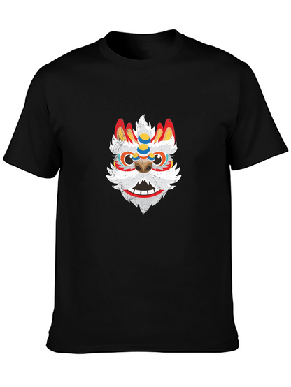 Black Tee with Chinese Lion Dance Mask Graphic