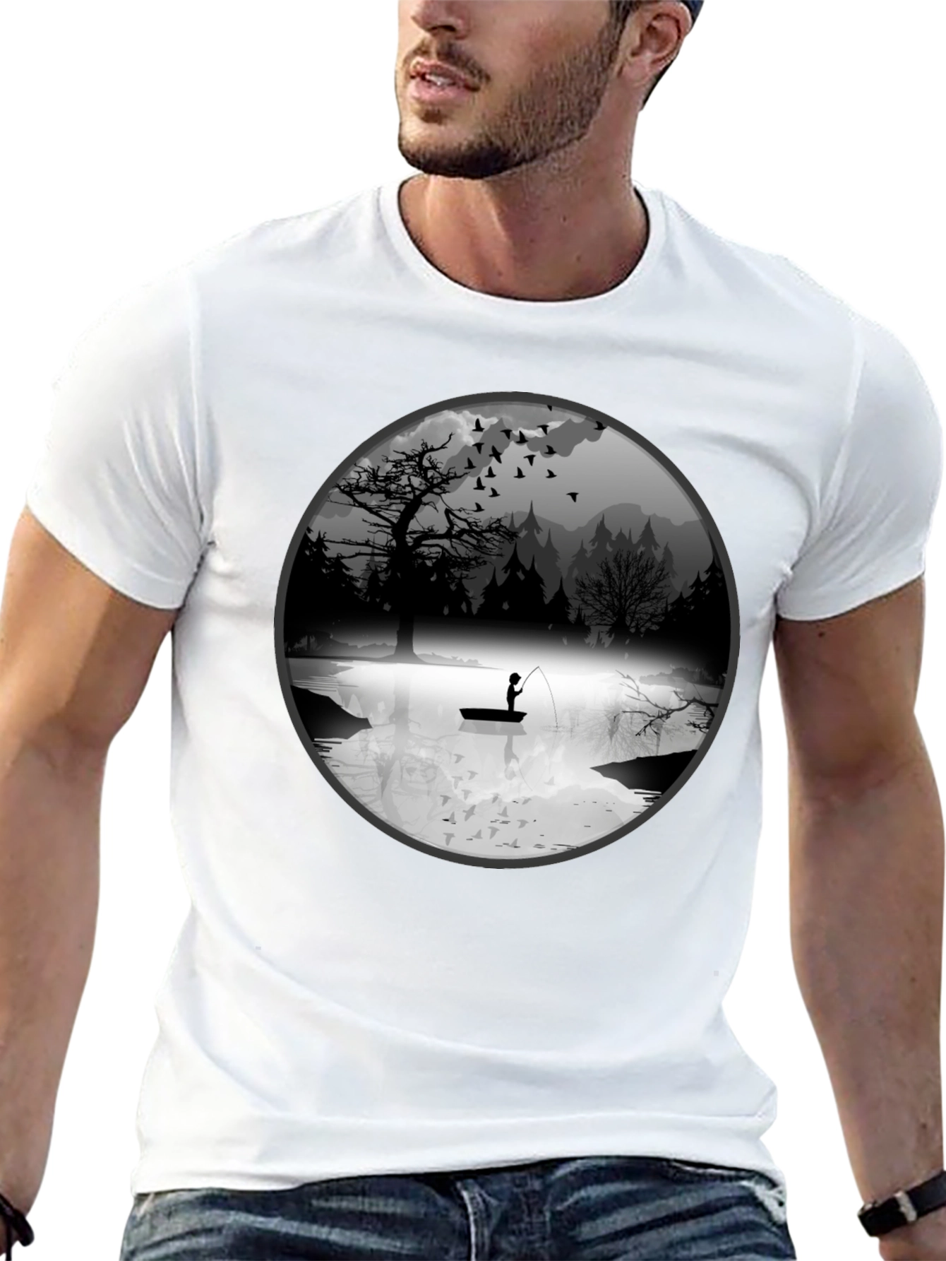 Fishing Scene Graphic Black T-Shirt