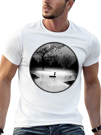 Fishing Scene Graphic Black T-Shirt