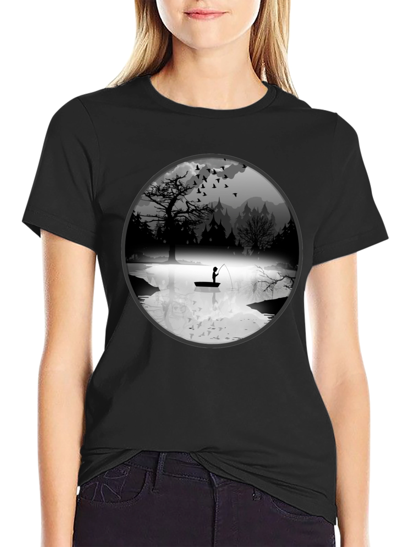 Fishing Scene Graphic Black T-Shirt