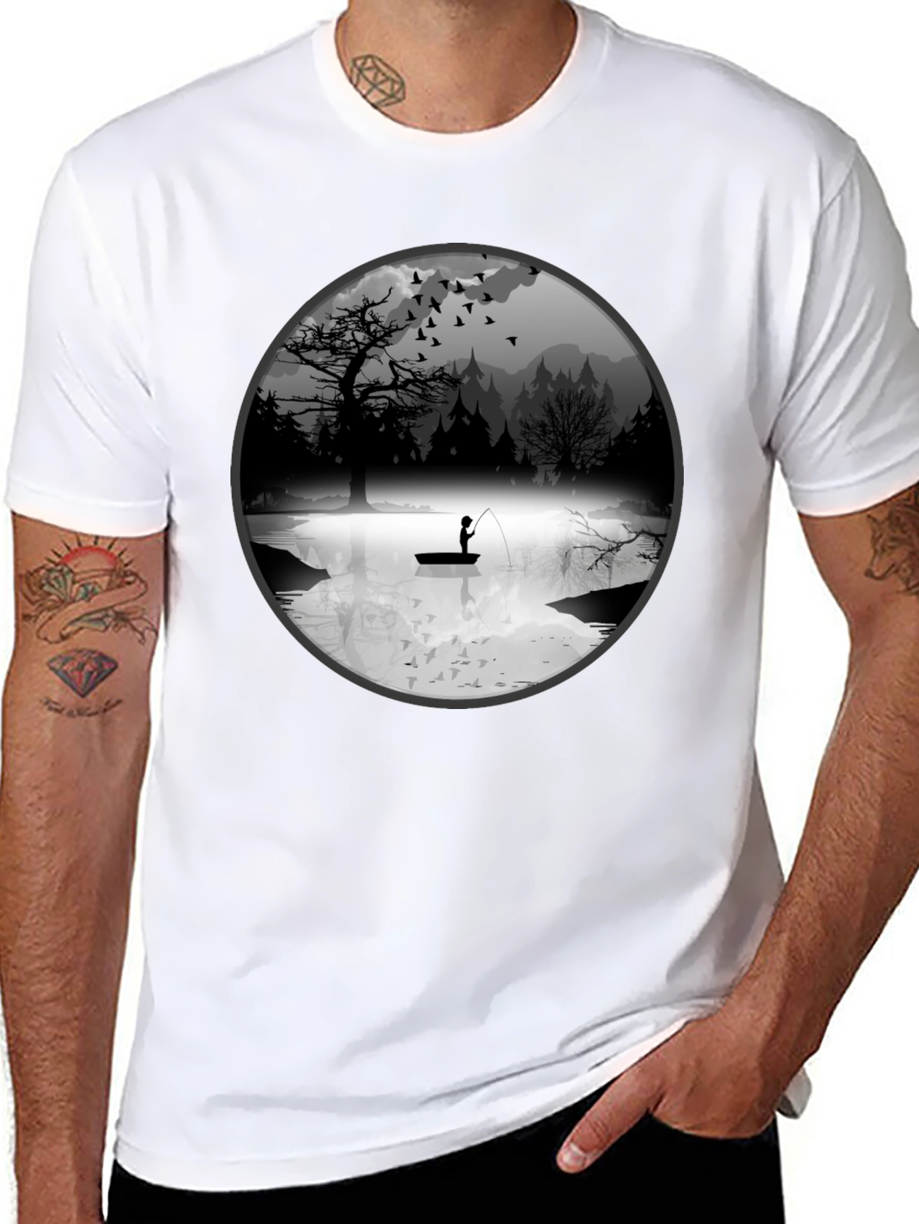 Fishing Scene Graphic Black T-Shirt