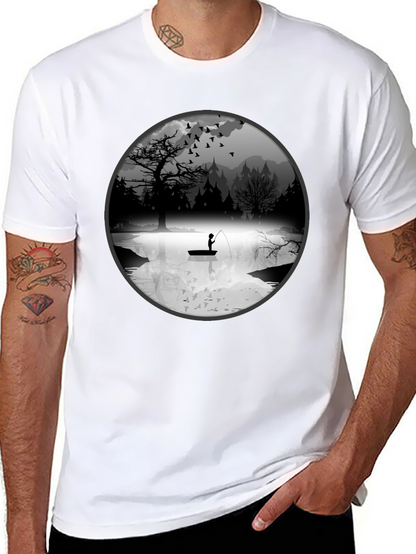 Fishing Scene Graphic Black T-Shirt