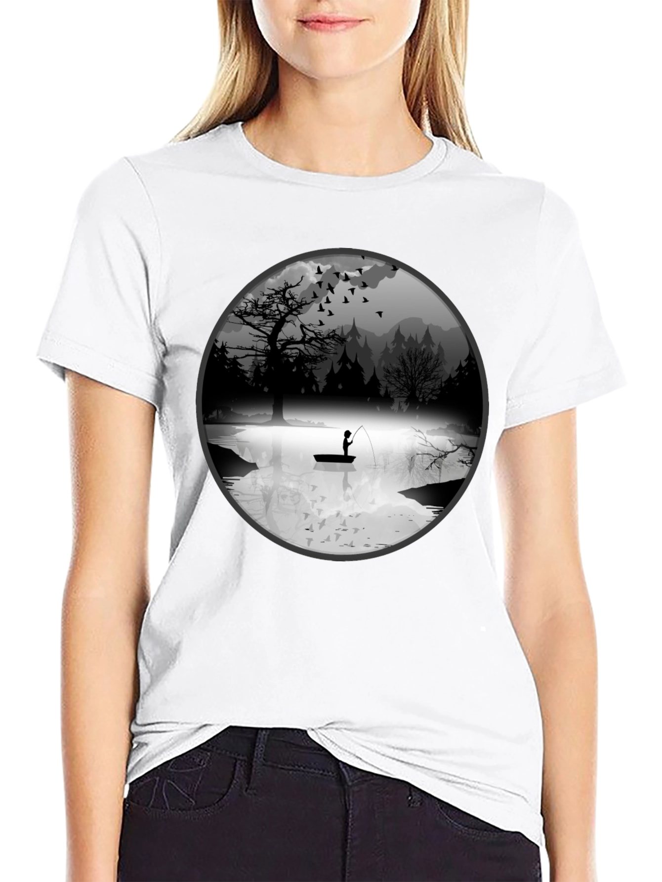 Fishing Scene Graphic Black T-Shirt