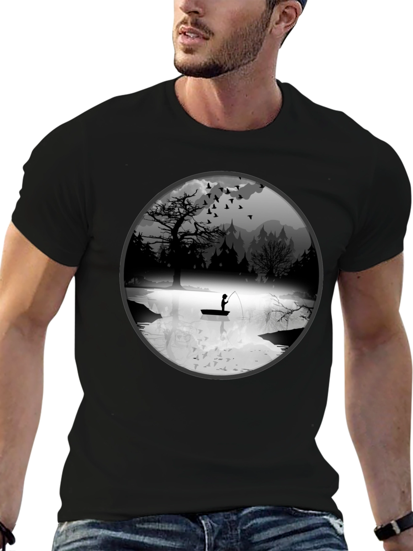 Fishing Scene Graphic Black T-Shirt