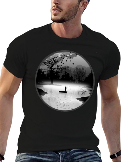 Fishing Scene Graphic Black T-Shirt