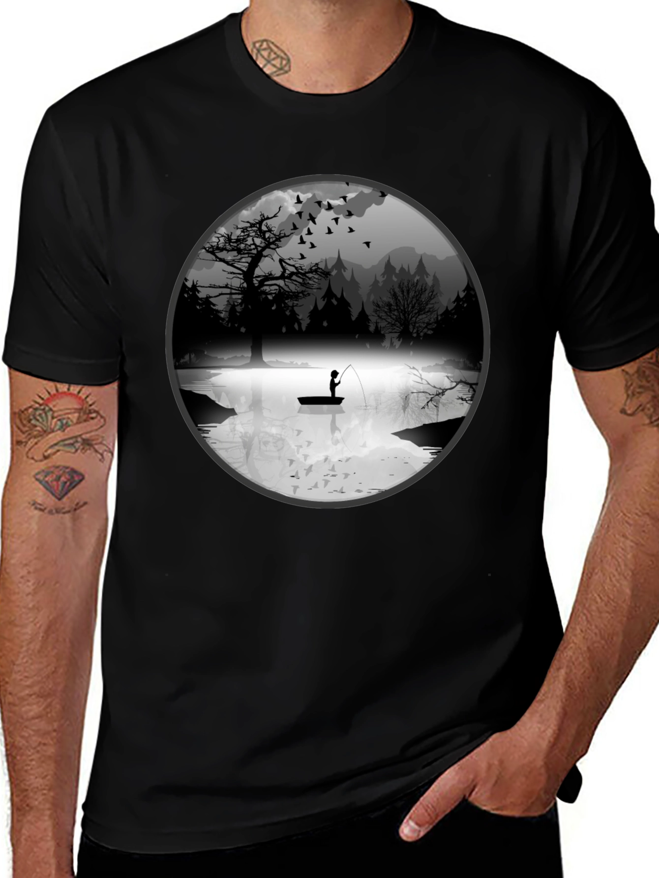 Fishing Scene Graphic Black T-Shirt