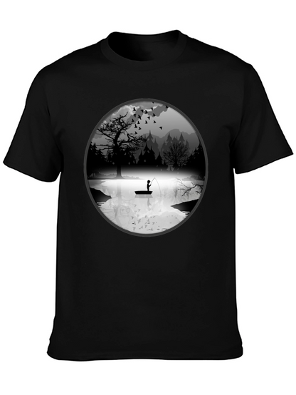 Fishing Scene Graphic Black T-Shirt