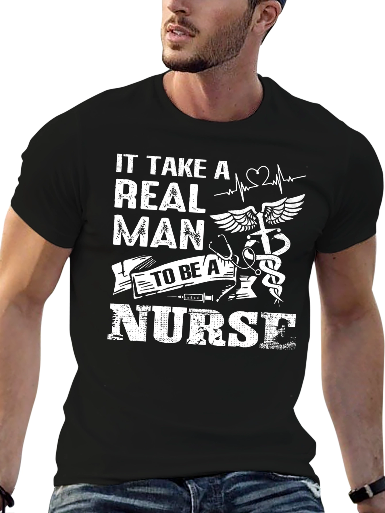 Real Man Nurse Graphic T-Shirt - Black Crew Neck