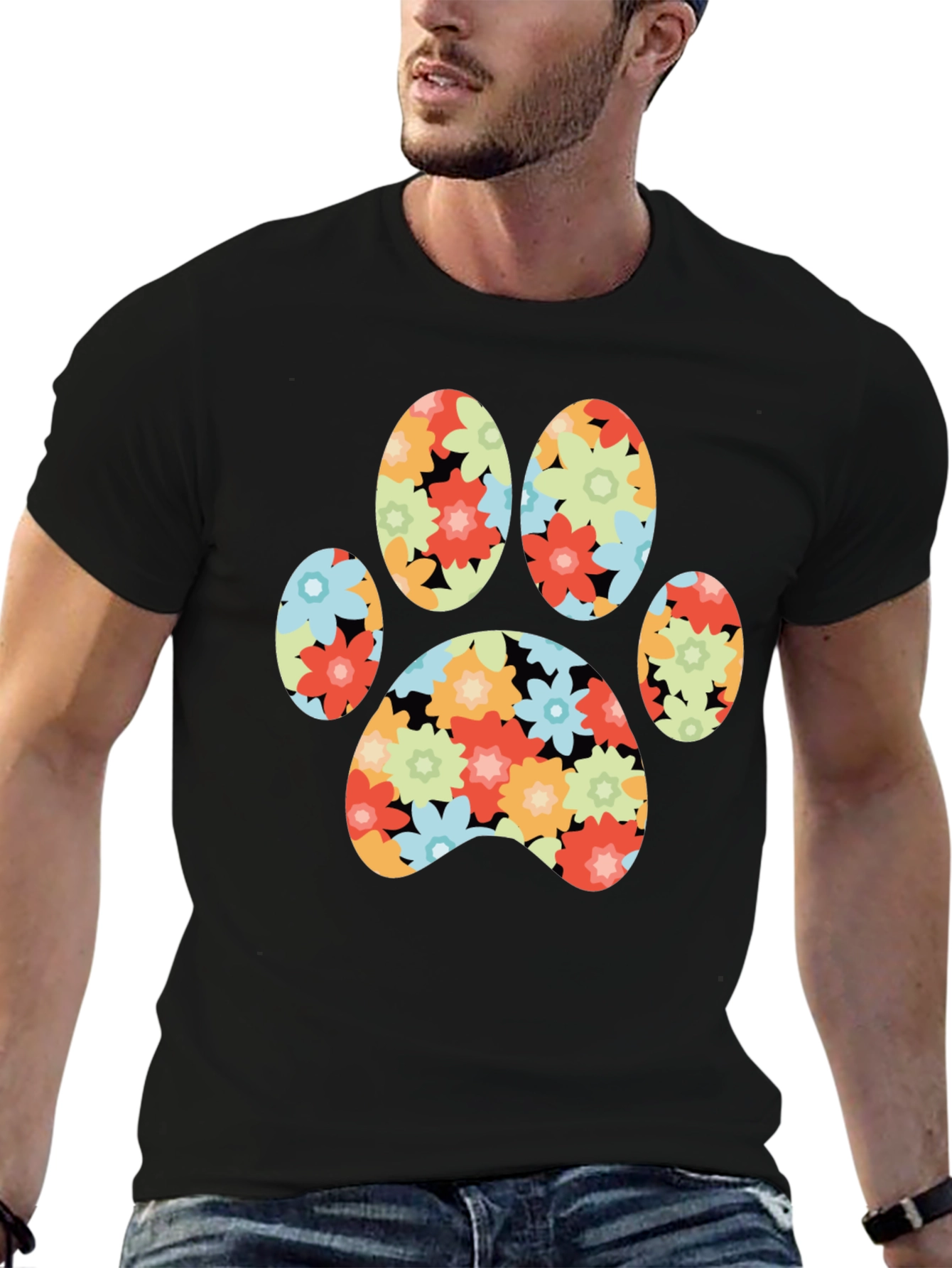 Floral Paw Print T-Shirt - Black