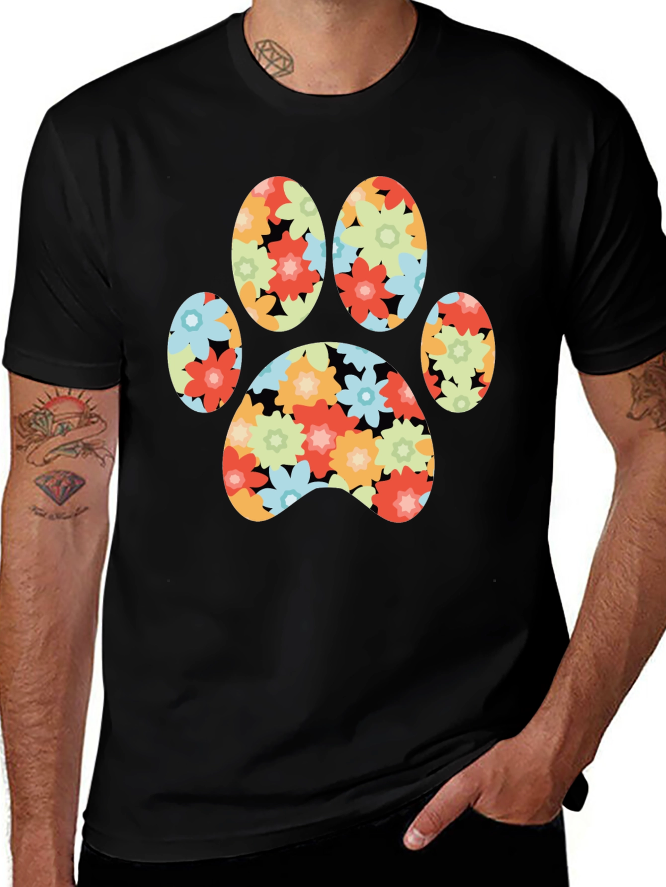Floral Paw Print T-Shirt - Black
