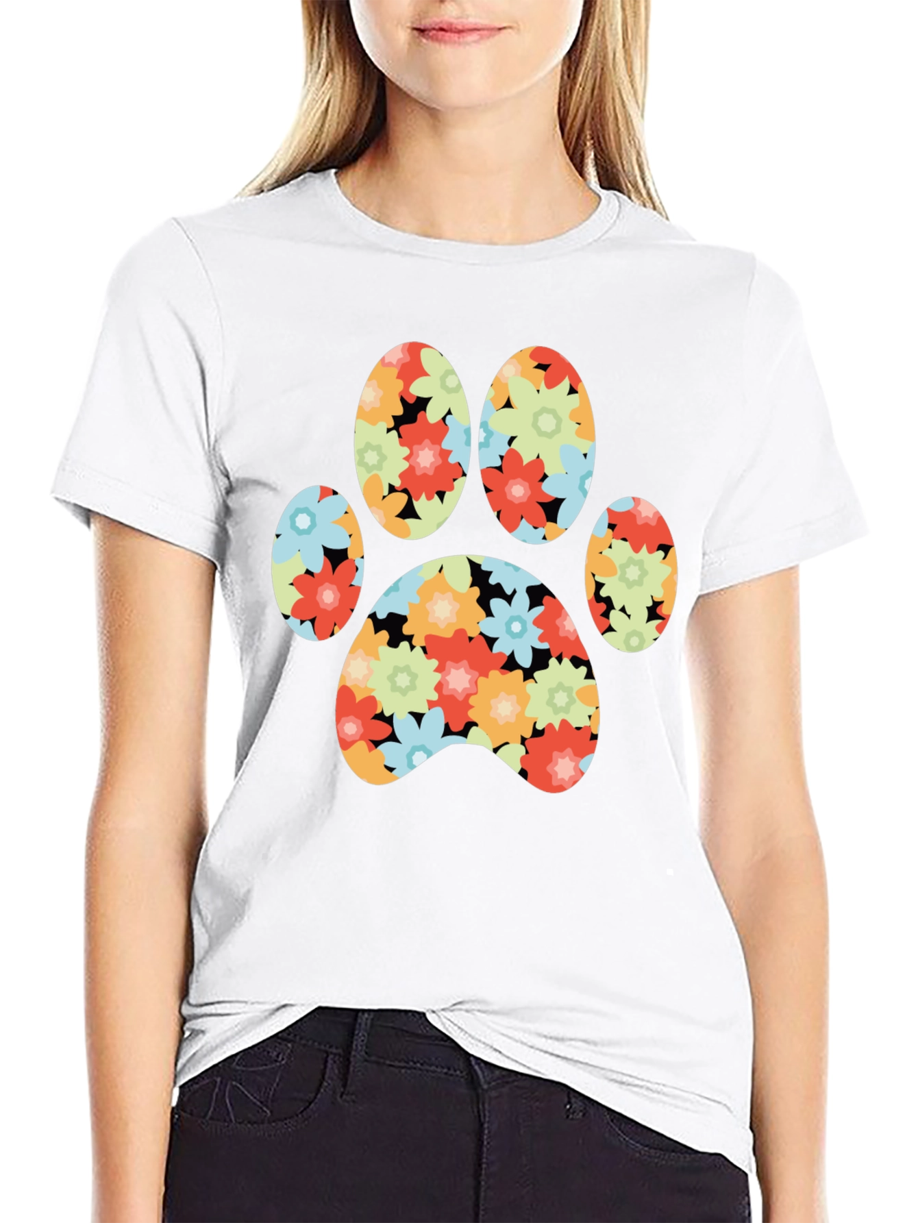 Floral Paw Print T-Shirt - Black