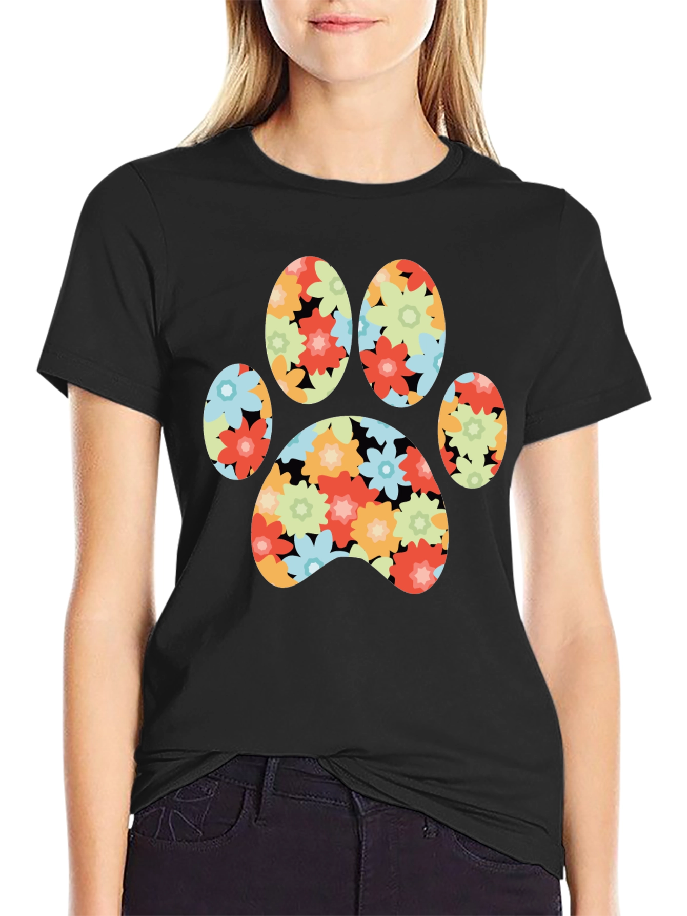 Floral Paw Print T-Shirt - Black