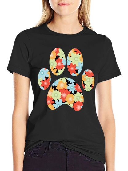 Floral Paw Print T-Shirt - Black
