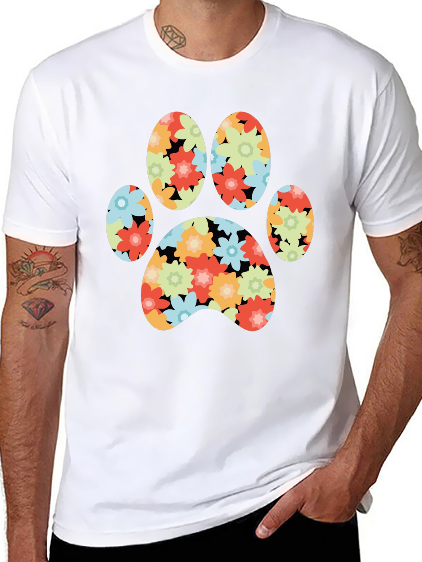 Floral Paw Print T-Shirt - Black