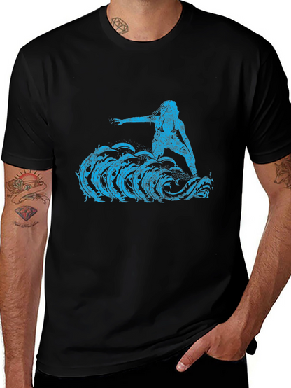 Surfer Girl Tee - Black Cotton Graphic T-Shirt
