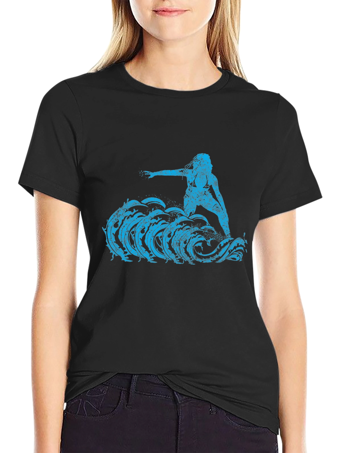 Surfer Girl Tee - Black Cotton Graphic T-Shirt
