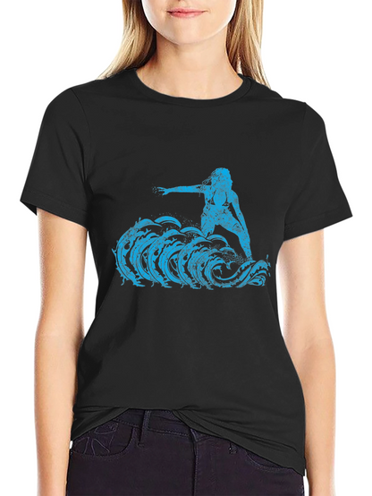 Surfer Girl Tee - Black Cotton Graphic T-Shirt