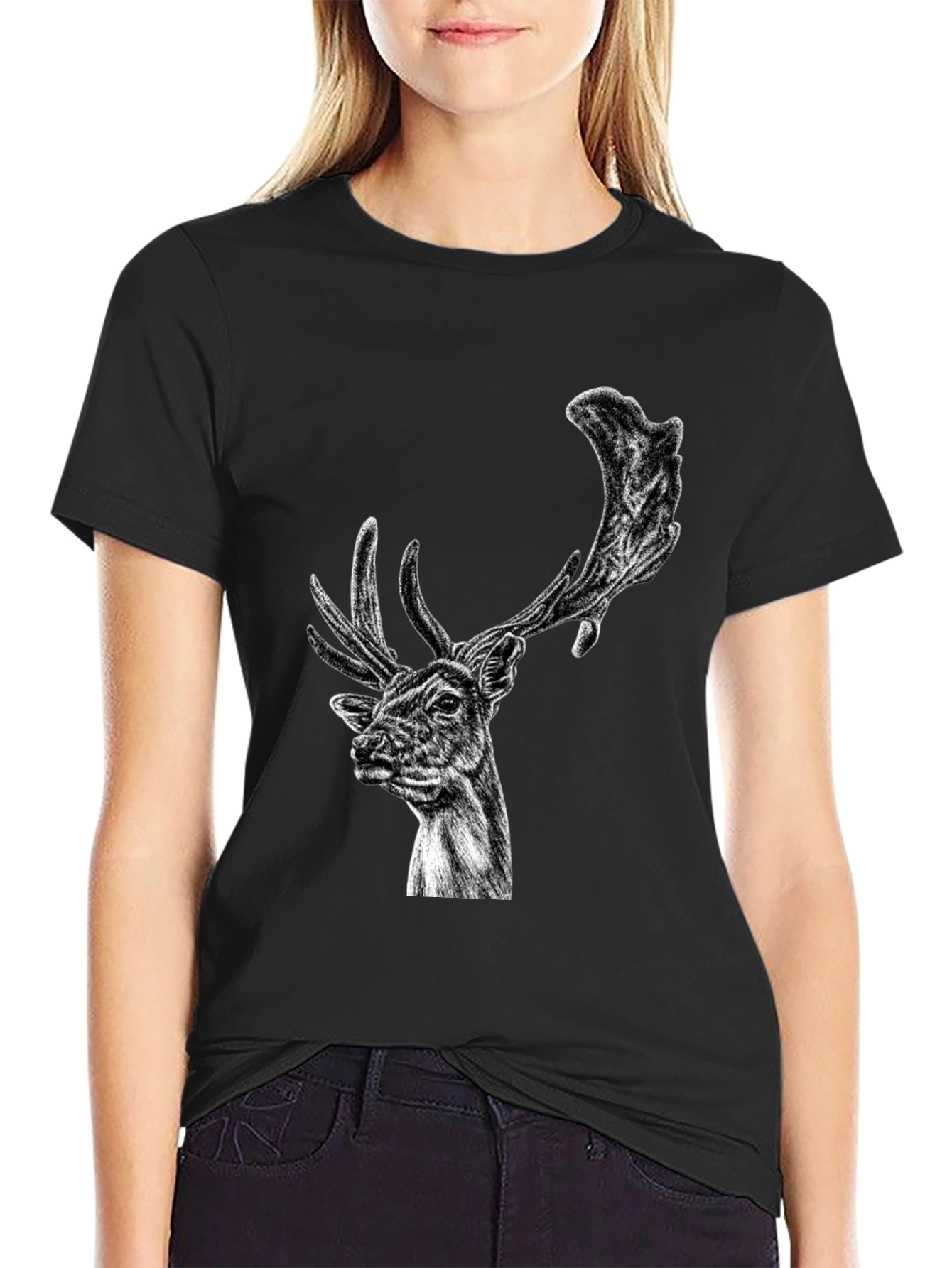 Black Deer Graphic Tee - Wildlife Art Shirt