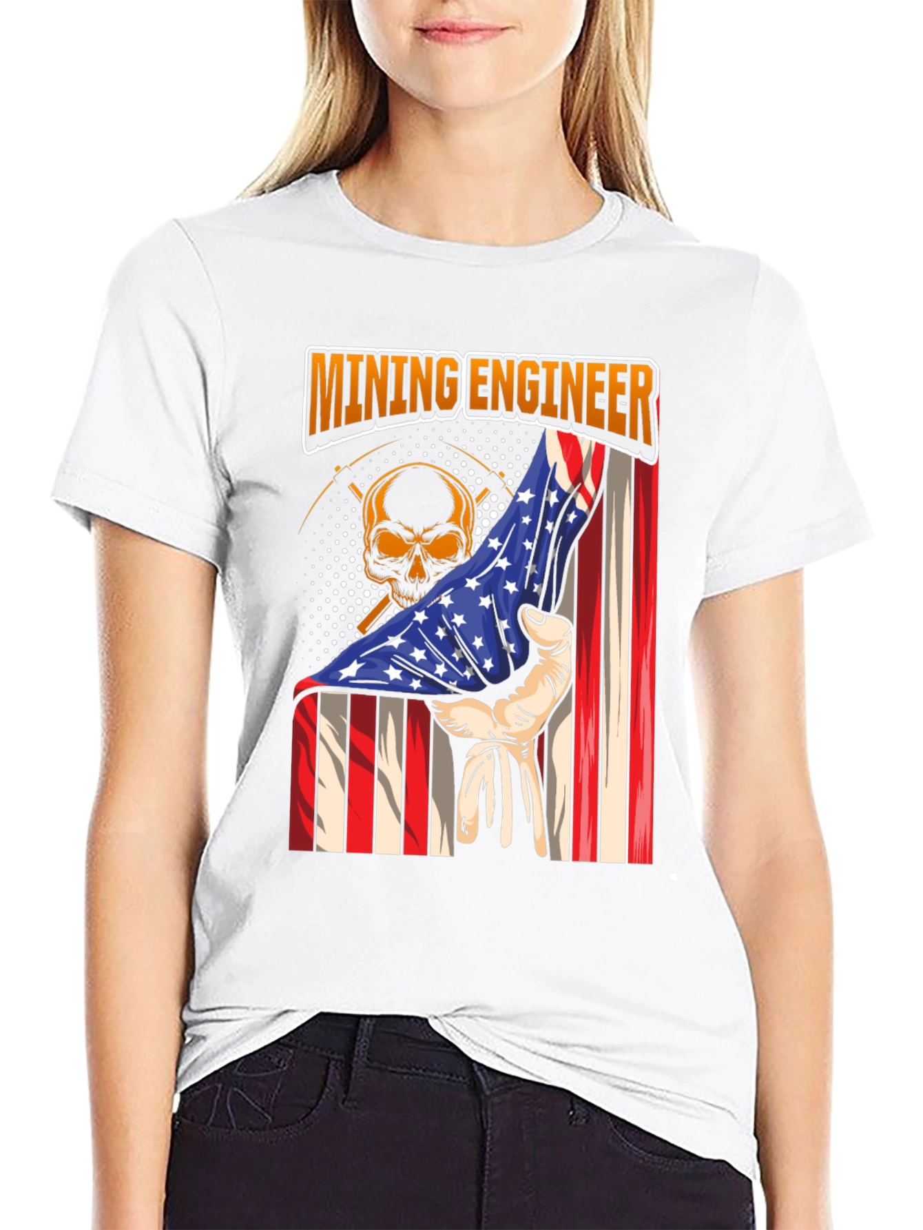 Mining Engineer American Flag Skull T-Shirt