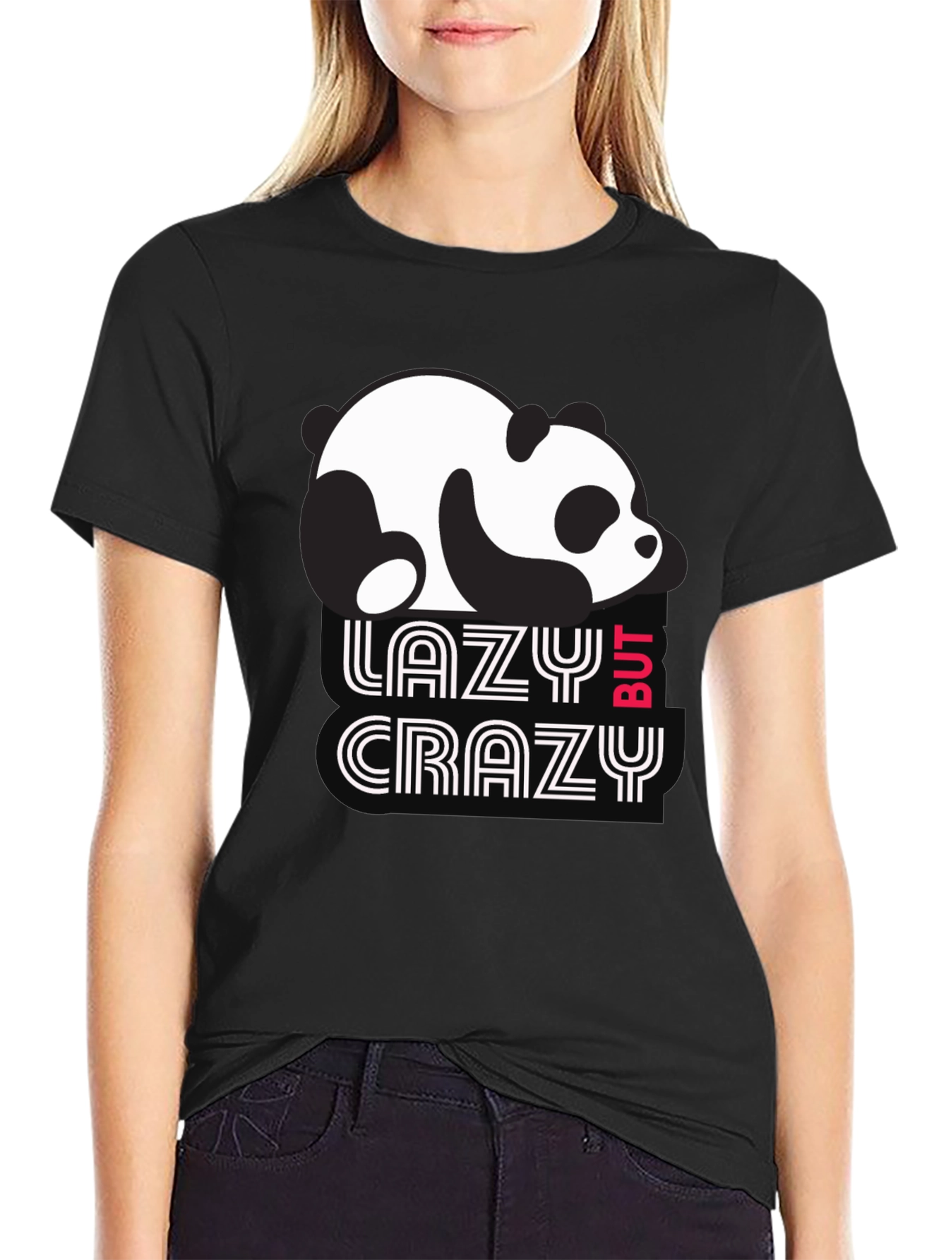 Lazy But Crazy Panda T-Shirt - Black Cotton Tee