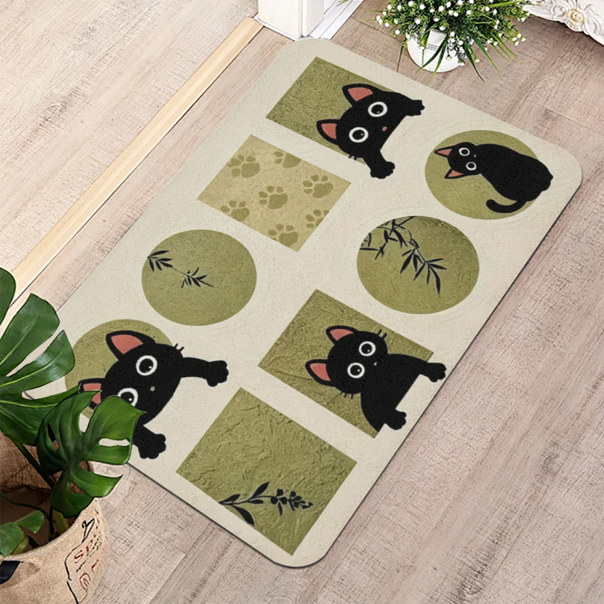 Chinese Style Black Cat Bamboo£üCute Black Cat With Bamboo Chinese Art Diatomite Mat, Non?Slip Quick?Dry Bathroom Decor Rug