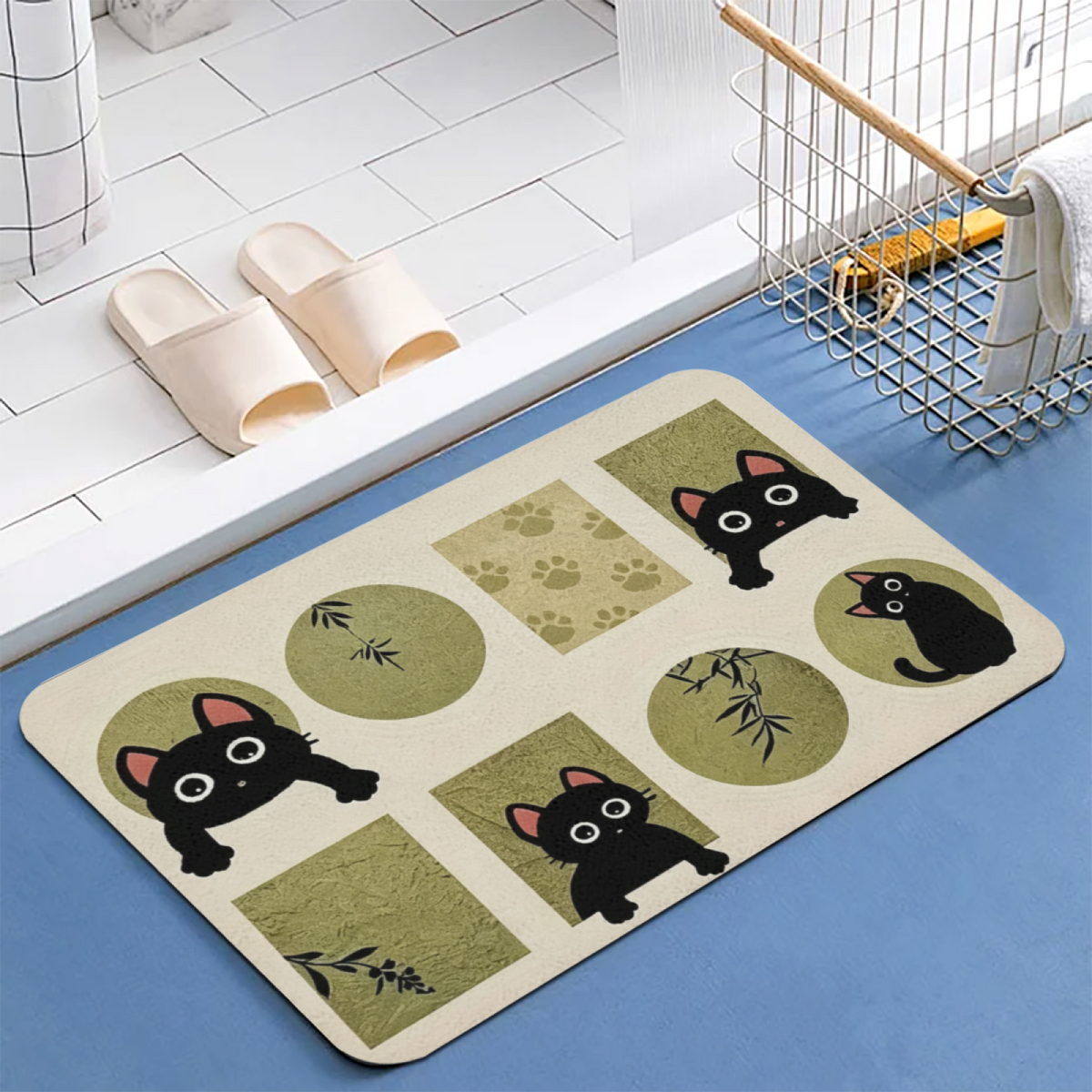 Chinese Style Black Cat Bamboo£üCute Black Cat With Bamboo Chinese Art Diatomite Mat, Non?Slip Quick?Dry Bathroom Decor Rug
