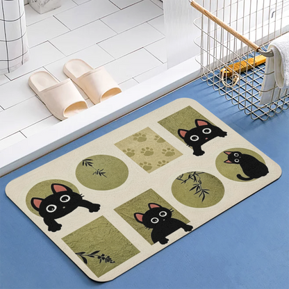 Chinese Style Black Cat Bamboo£üCute Black Cat With Bamboo Chinese Art Diatomite Mat, Non?Slip Quick?Dry Bathroom Decor Rug