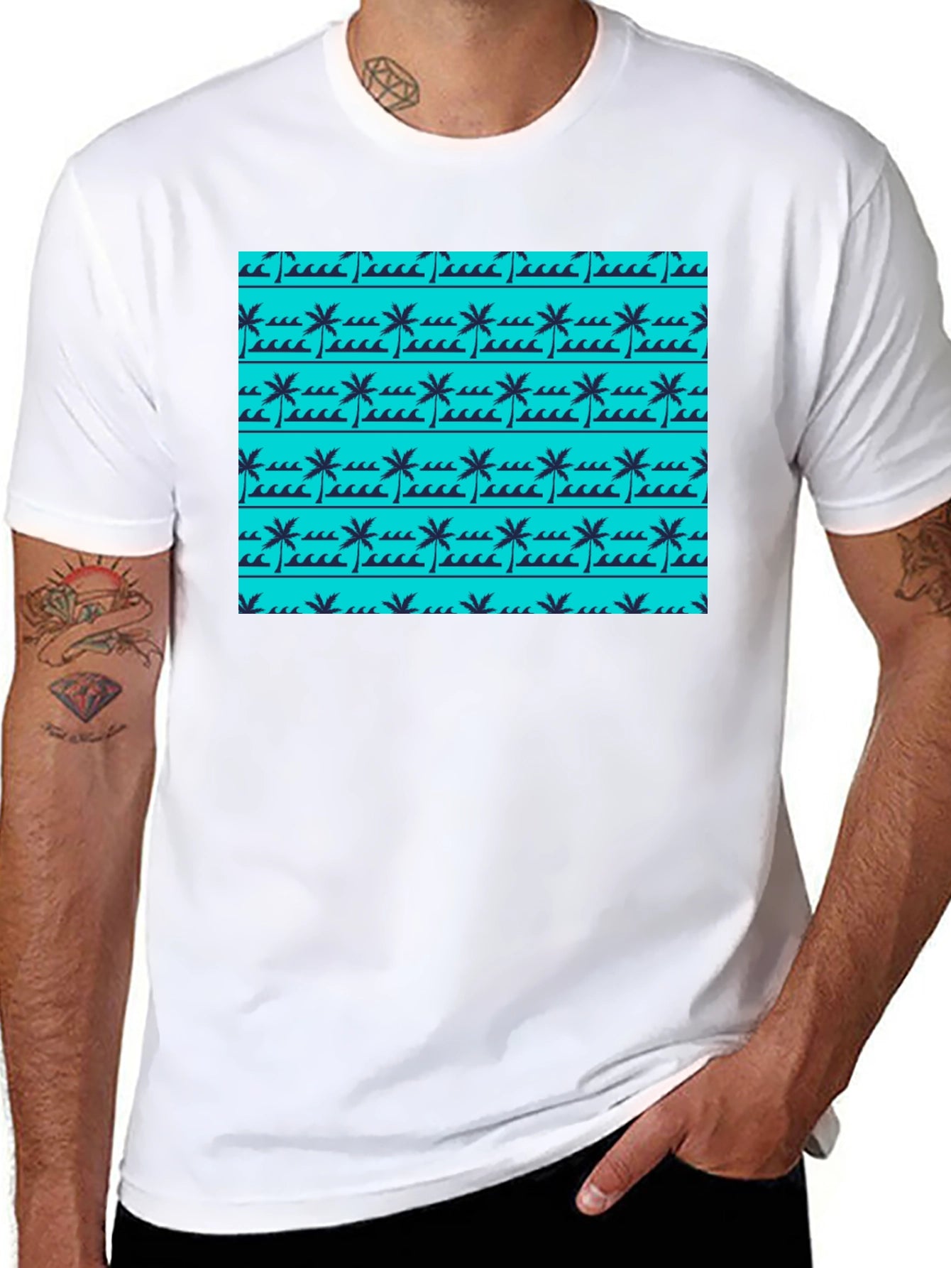 Tropical Palm Wave Pattern Black Tee