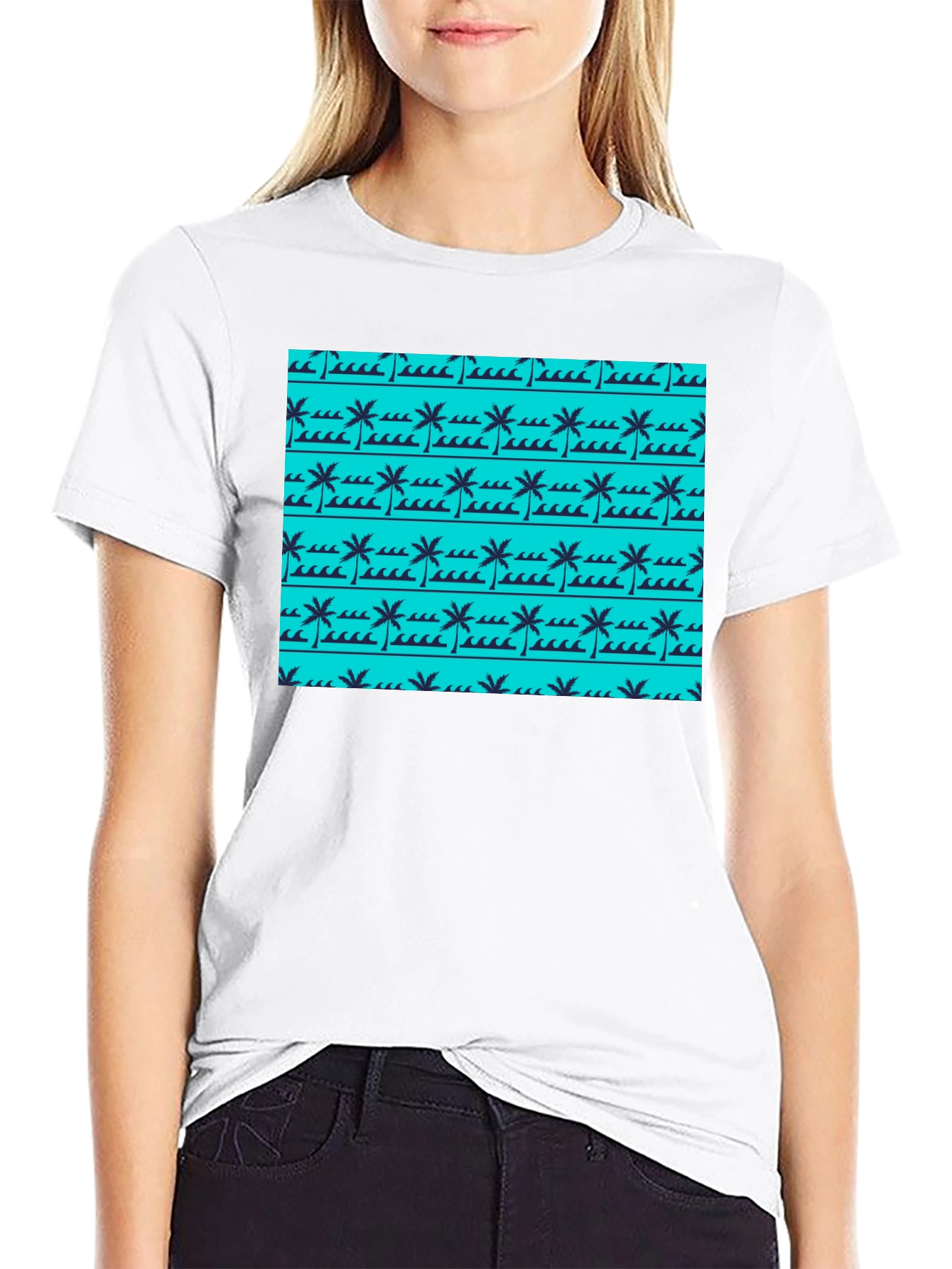 Tropical Palm Wave Pattern Black Tee