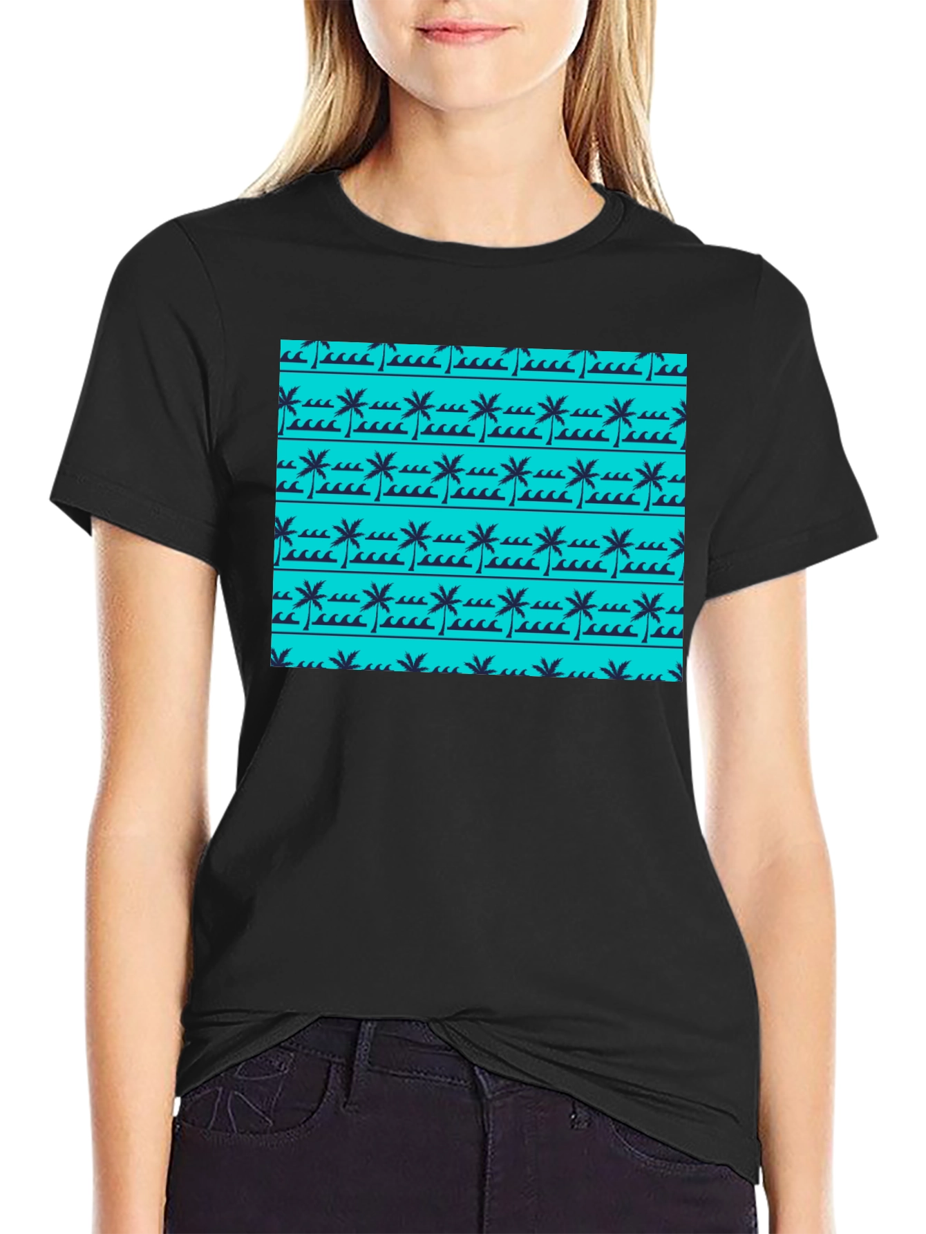 Tropical Palm Wave Pattern Black Tee