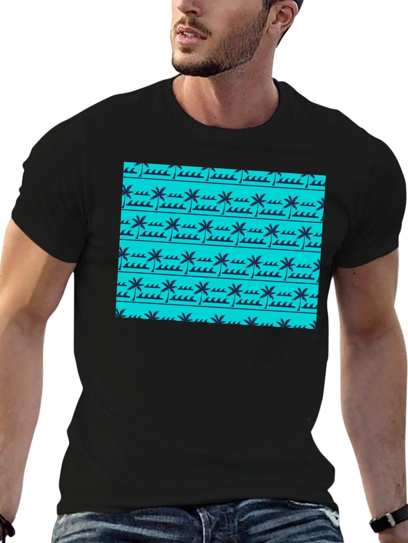 Tropical Palm Wave Pattern Black Tee
