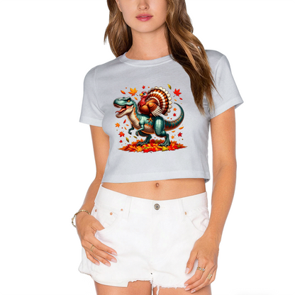 T?Rex Dinosaur With Turkey On Back Thanksgiving Crop Top