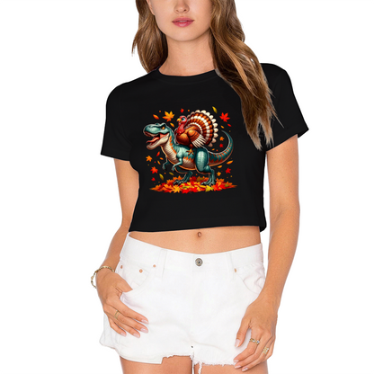 T?Rex Dinosaur With Turkey On Back Thanksgiving Crop Top