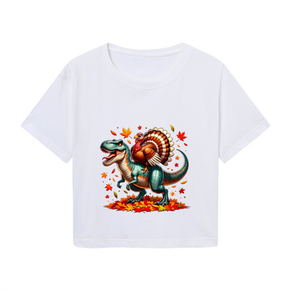 T?Rex Dinosaur With Turkey On Back Thanksgiving Crop Top